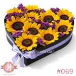 Caja corazón con girasoles frescos para envío de flores a domicilio en Guadalajara, Zapopan y zona metropolitana.