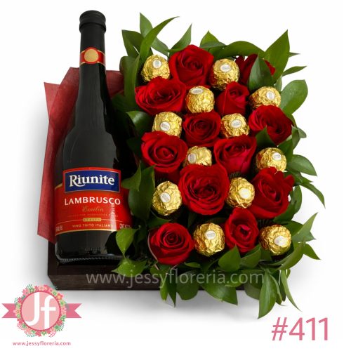 Caja con rosas frescas, chocolates Ferrero y vino Lambrusco para envío de flores y regalos a domicilio en Guadalajara, Zapopan y zona metropolitana.