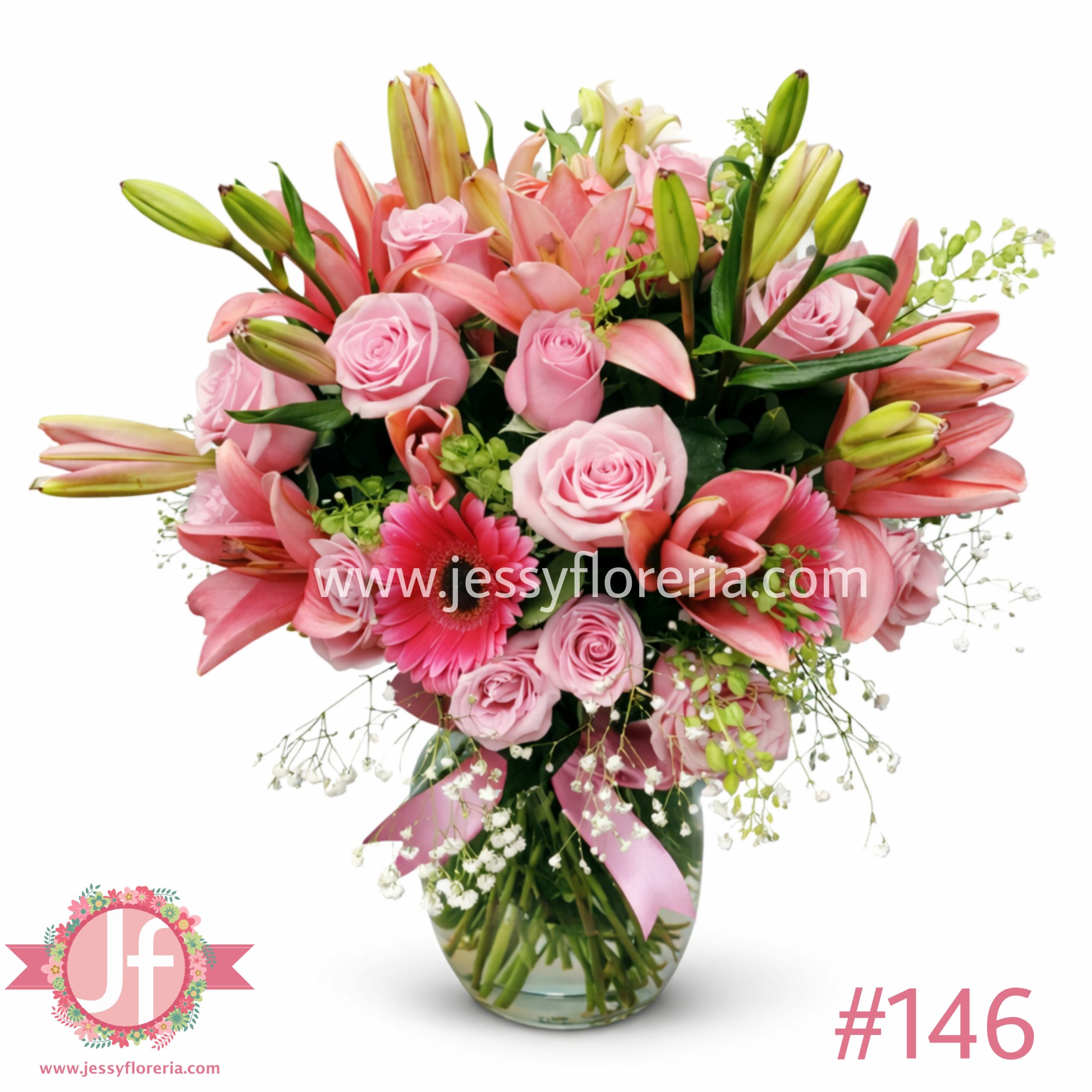 Florero con lilis rosas y gerberas frescas para envío de flores a domicilio en Guadalajara, Zapopan, Tlaquepaque y Tonalá.