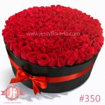 caja redonda negra con 150 rosas rojas arreglo floral grande en Guadalajara