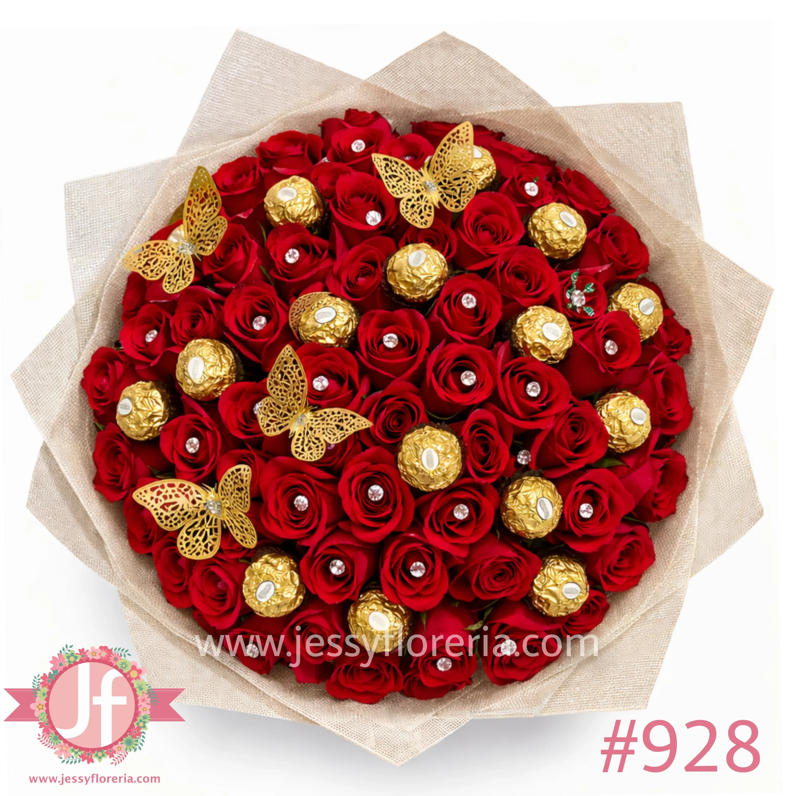 ramo de 100 rosas rojas con ferrero mariposas y pines arreglo floral en Guadalajara