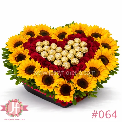 corazon de girasoles rosas y ferrero arreglo floral en Guadalajara