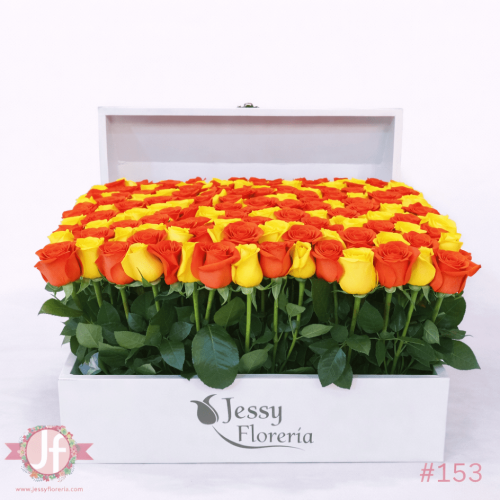 Cofre 130 rosas amarillas y naranjas (1 día de anticipación)