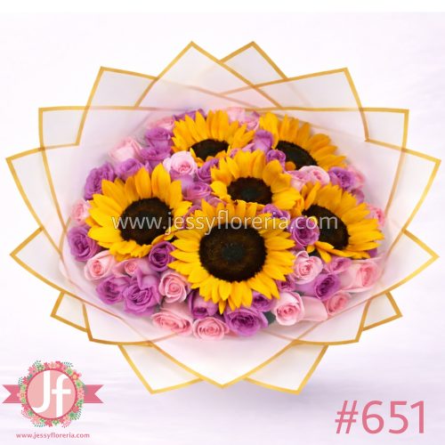 Bouquet 6 girasoles y 50 rosas rositas