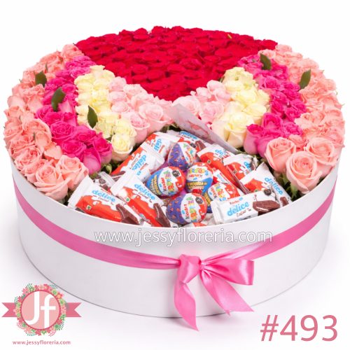 Caja circular 200 rosas y chocolates Kinder