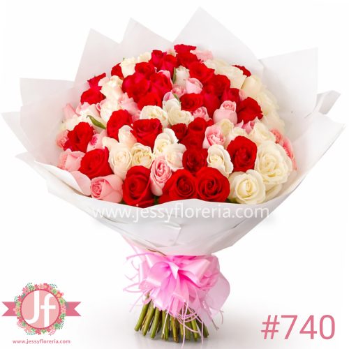 Ramo 100 rosas rojas, blancas y rosas