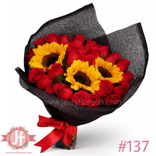 bouquet de 3 girasoles y 24 rosas rojas arreglo floral en Guadalajara